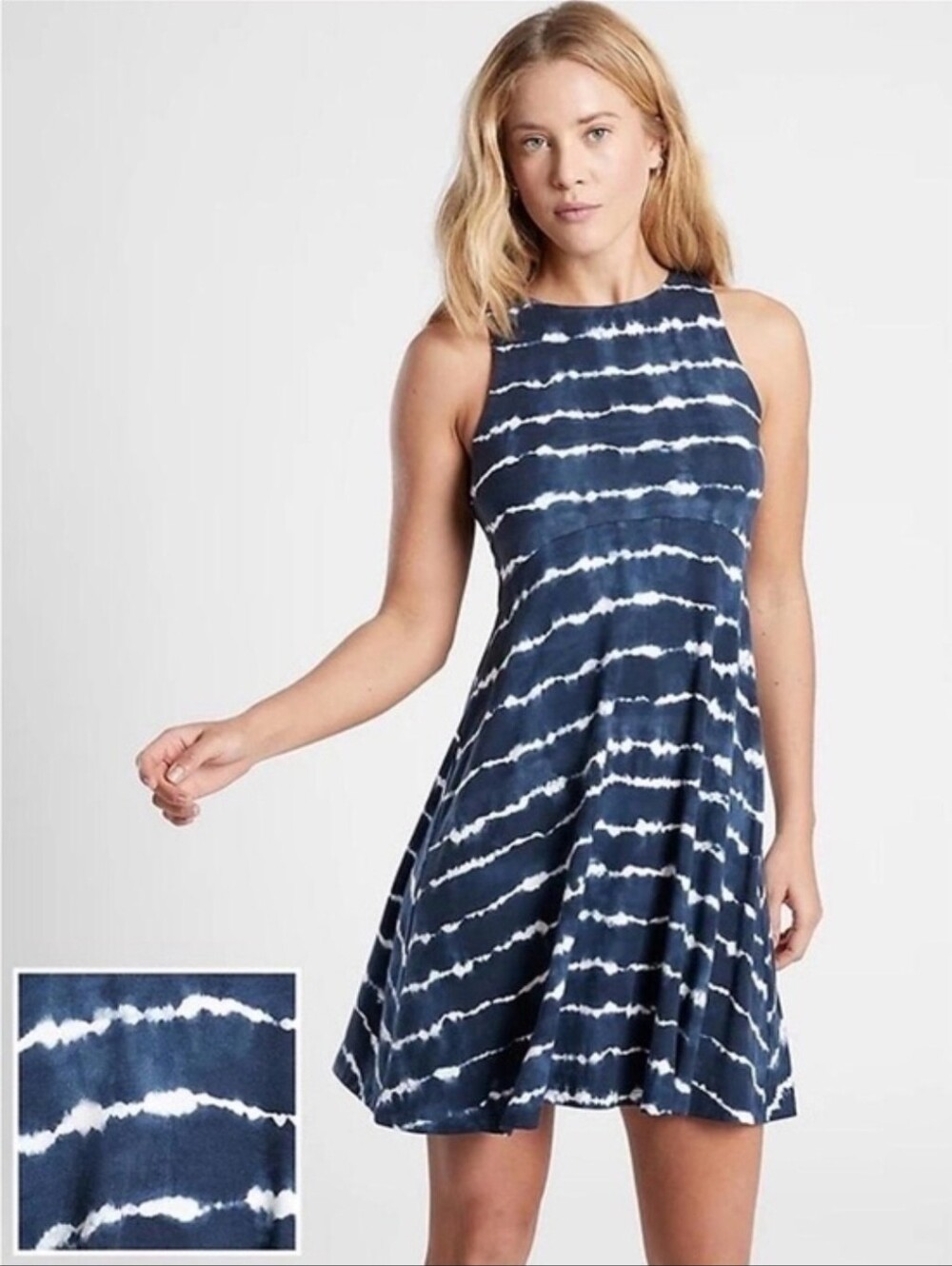 Athleta Santorini Thera Dress Small Navy Blue Tie Dye Stripe Mini Summer Dress